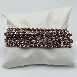 VINTAGE Yik Fung Red Leather Rhinestone Braided Wrap Bracelet Rocker